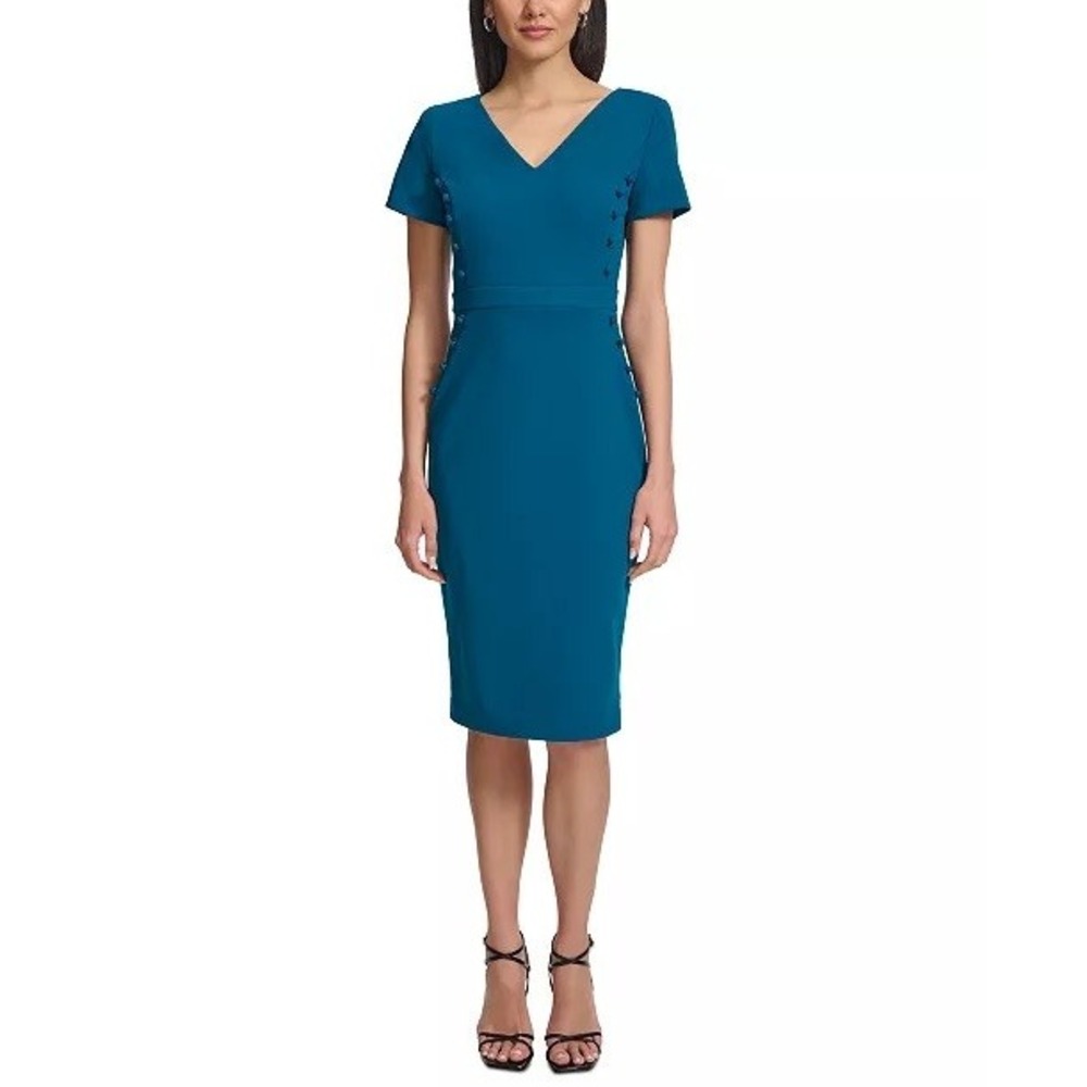 Calvin Klein Sheath Dress Womens Teal Blue Button Accent V-Neck 2 NWT